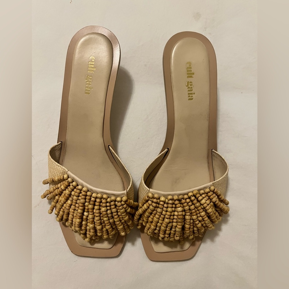 Cult Gaia Tan Leather Beaded Accent Slides Size 38.5